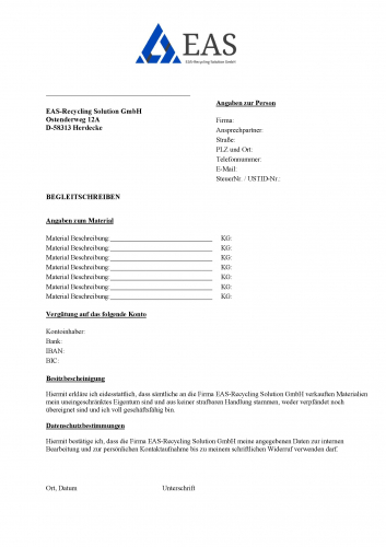 Begleitschreiben für Ankauf der EAS-Recycling Solution GmbH