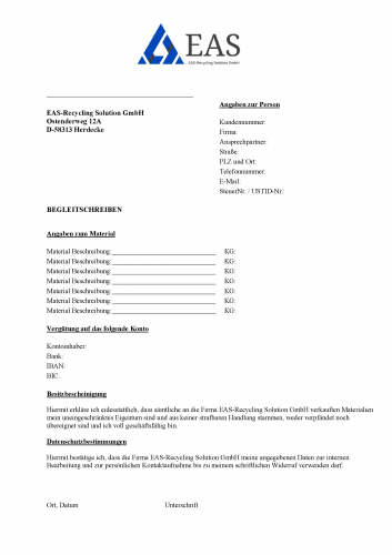 Begleitschreiben für Ankauf der EAS-Recycling Solution GmbH