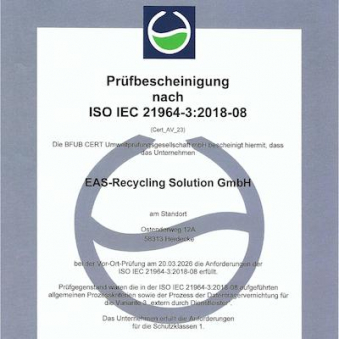 Zertifikat Datenträgervernichtung Schutzklasse 1