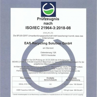 Zertifikat Datenträgervernichtung Sicherheitsstufe H3 H4